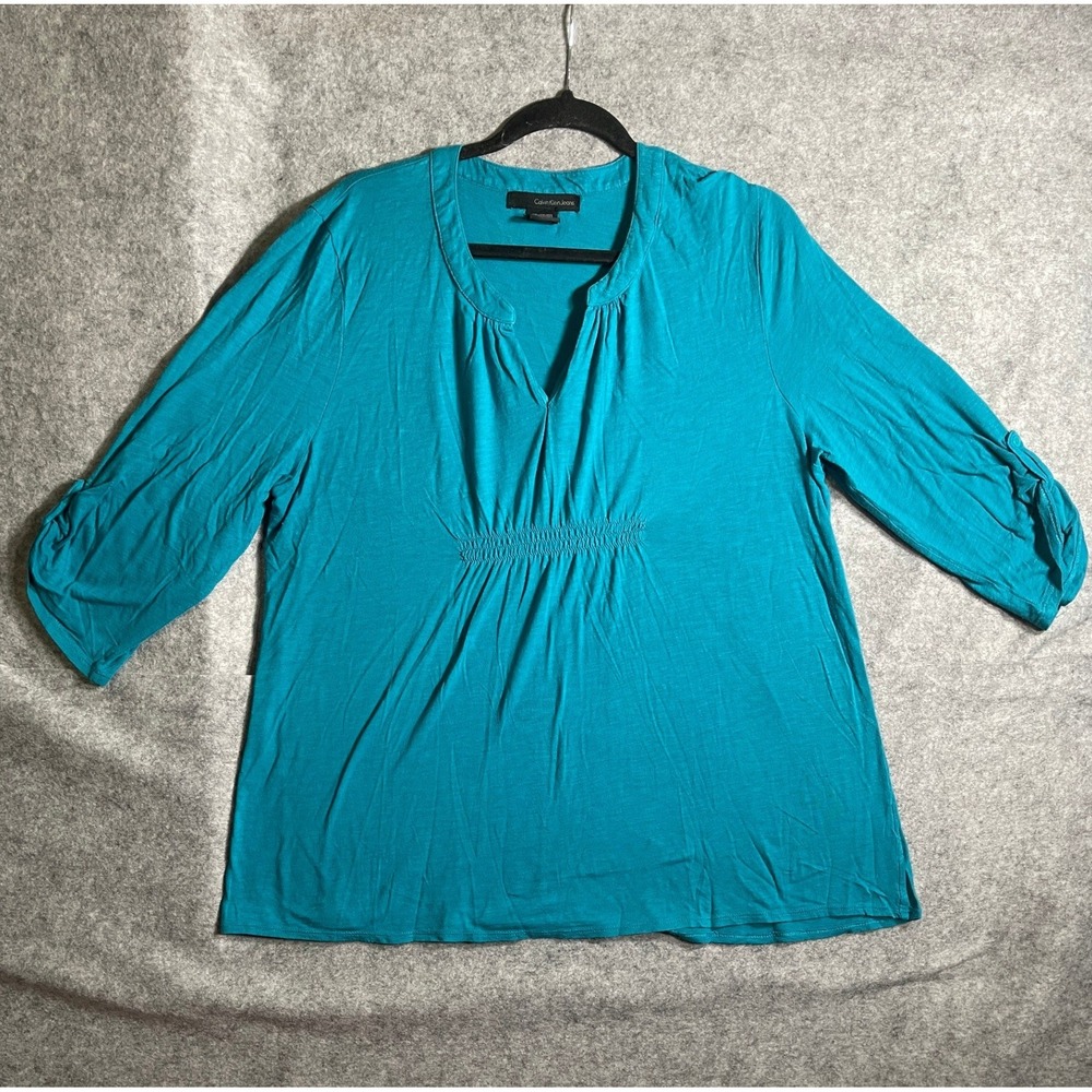 Calvin Klein Jeans Womens XXL Teal Blue Roll Tab Sleeve Empire Waist Knit Top